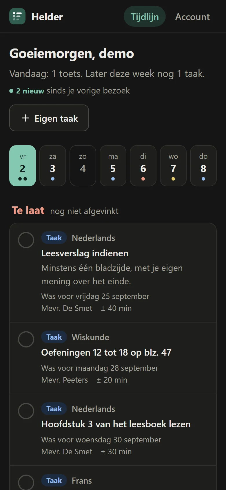 Op de telefoon: dezelfde tijdlijn, met een weekstrip bovenaan.