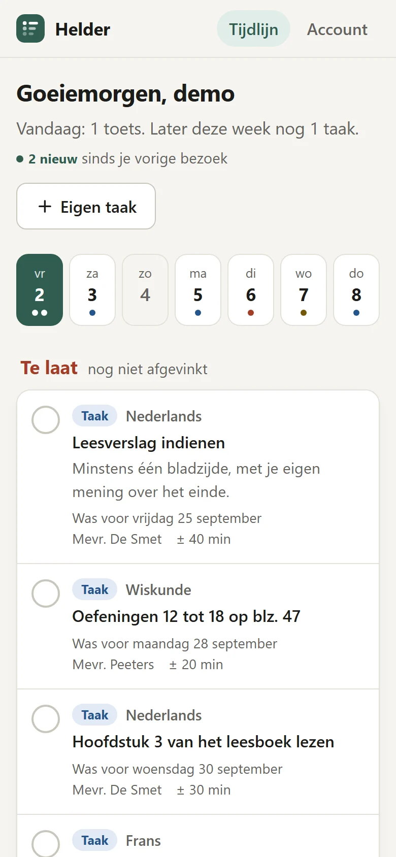 Op de telefoon: dezelfde tijdlijn, met een weekstrip bovenaan.