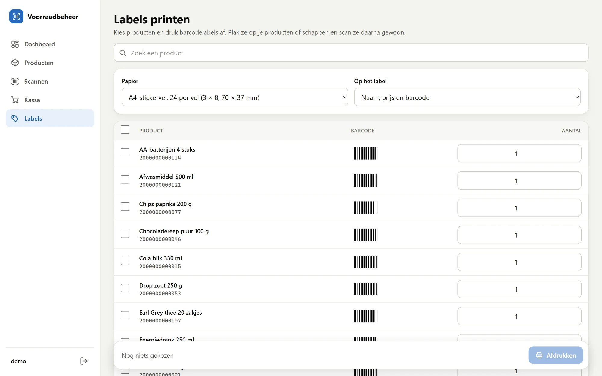 Labels kiezen en afdrukken op een stickervel of met een labelprinter.