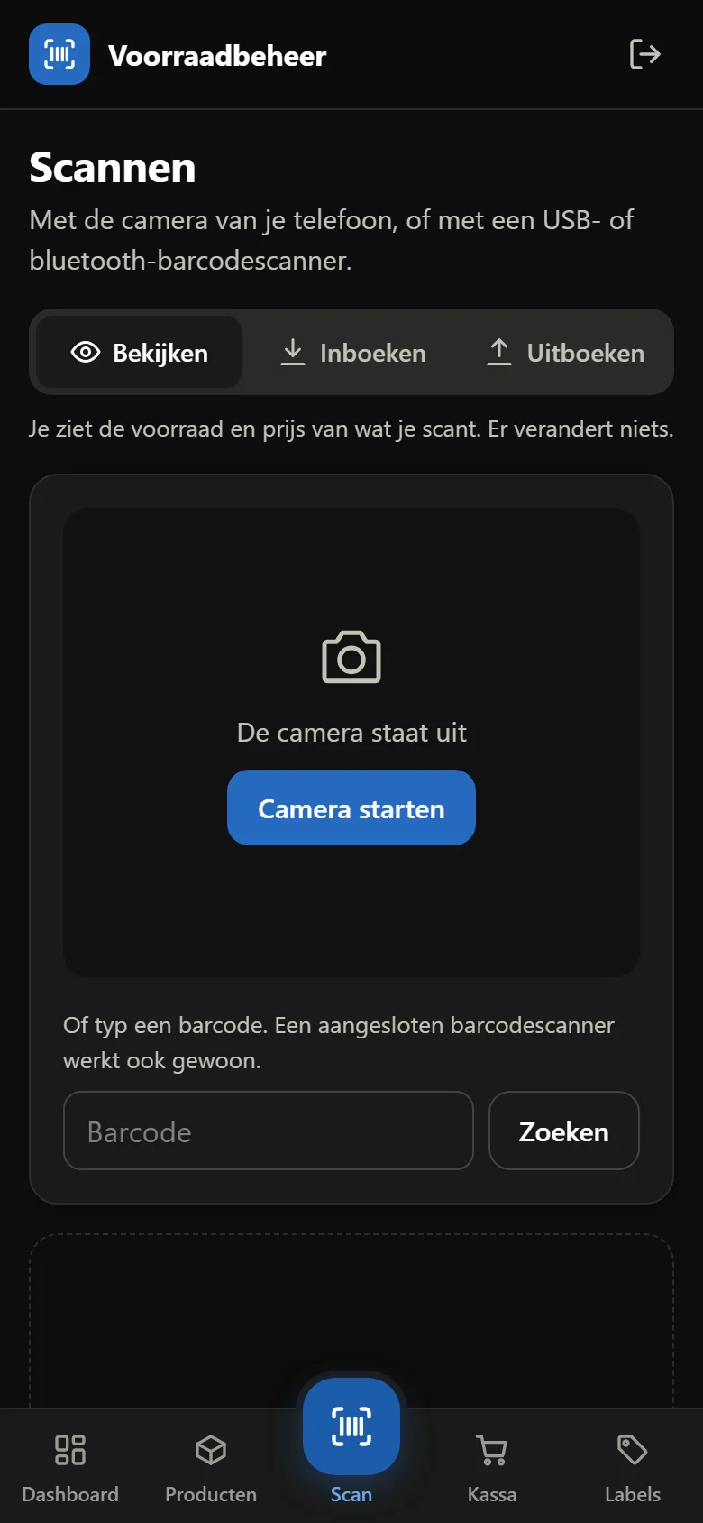 Op de telefoon: dashboard en scanner, met de navigatie binnen duimbereik.